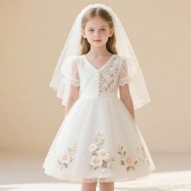 Charming White Girls' Dress: Lace Bodice, Floral Embroidery, Ideal for Weddings/Parties