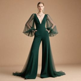 Elegant Emerald Green Jumpsuit: Sheer Bell Sleeves & Train Design