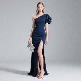 Navy Blue One - Shoulder Ruffle Sleeve Slit Maxi Dress - Elegant Evening Gown