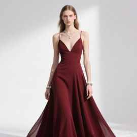 Elegant Burgundy Spaghetti Strap Deep V-Neck Long Evening Gown