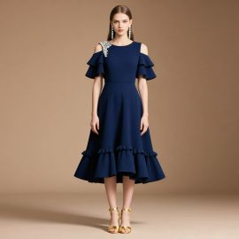 Elegant Navy Blue Off-Shoulder Dress: Ruffled Sleeves, Tiered Skirt & Embellished Shoulder Detail
