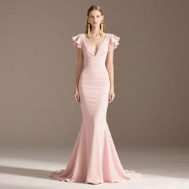 Elegant Blush Pink Mermaid Gown with Ruffled Sleeves & Deep V-Neck