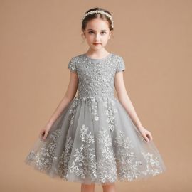 Elegant Gray Lace Flower Girl Dress for Weddings & Special Occasions