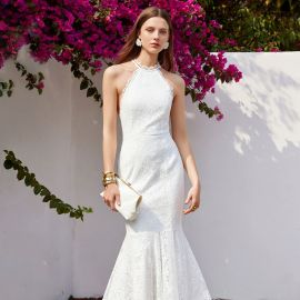 Elegant White Lace Halter Neck Mermaid Evening Dress - Chic Summer Party Gown