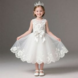 Charming Girls White Lace Tulle Dress with Big Bow - Flower Girl Party Wedding Gown