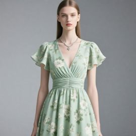 Elegant Mint Green Floral Dress: V-Neck, Ruched Waist & Ruffled Sleeves