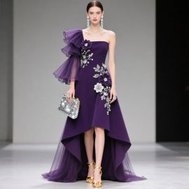 Purple One - Shoulder Evening Gown with Floral Appliques & Asymmetric Hem