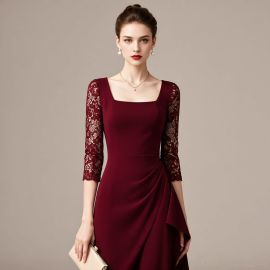 Burgundy Lace Sleeve Square Neck Elegant Midi Dress for Women