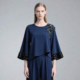 Navy Blue Women's Blouse with Embellished Shoulder & Flare Sleeves - Elegant Fashion Top