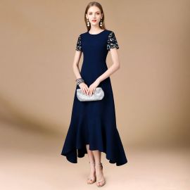 Elegant Navy Blue Midi Dress with Embroidered Sleeves & Asymmetric Hem