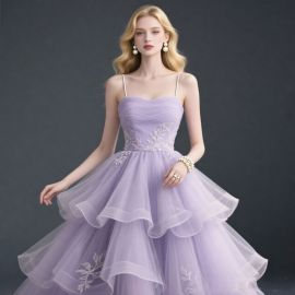 Lavender Spaghetti Strap Embroidered Tiered Tulle Evening Dress