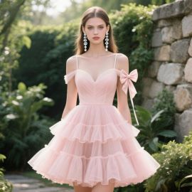 Chic Pink Off - Shoulder Tulle Dress with Bow Detail for Prom/Party