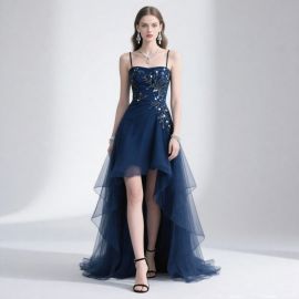 Navy Blue High-Low Evening Dress with Sequin Embellishment - Elegant Formal Gown
