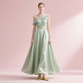 Elegant One - Shoulder Sage Green Gown with Ruffle & Cinched Waist