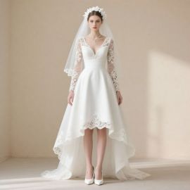 Elegant Long - Sleeve Lace V - Neck High - Low Wedding Dress with Sheer Sleeves