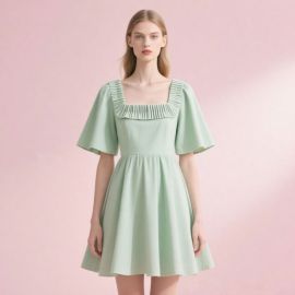 Mint Green Square Neck Pleated Flare Sleeve A - Line Mini Dress