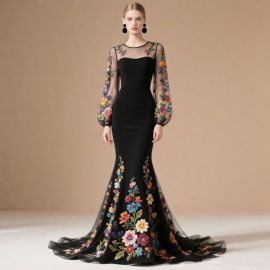 Elegant Black Mermaid Evening Gown with Sheer Floral Embroidered Sleeves