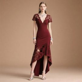 Elegant Burgundy Lace Deep V-Neck High-Low Hem Evening Dress