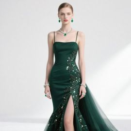 Emerald Green Spaghetti Strap Mermaid Gown with Embroidery & High Slit - Evening Dress