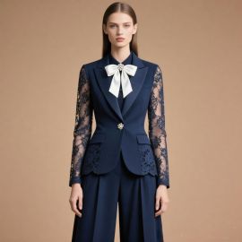 Navy Blue Lace Blazer Set with Bow Tie - Elegant Women's Formal Wear