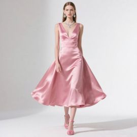 Elegant Pink Satin V-Neck Midi Dress - Ideal for Weddings & Events