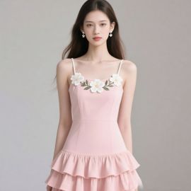 Romantic Pink Spaghetti Strap Dress with Floral Embroidery & Ruffled Hem - Summer Style