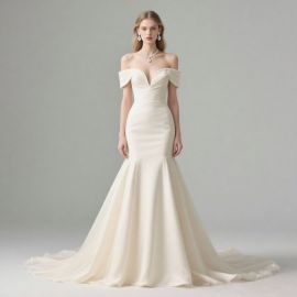 Elegant Off - Shoulder Mermaid Wedding Dress, Satin Fabric with Train