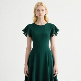 Elegant Emerald Green A - line Dress with Ruffled Short Sleeves - Women's Midi Gown