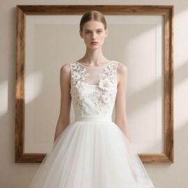 Elegant White Wedding Dress with Floral Lace & Tulle Skirt - Bridal Gown for Dream Weddings
