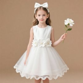 Elegant Girls White Sleeveless Dress with 3D Floral Waist & Tulle Skirt for Weddings/Parties