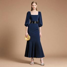 Elegant Navy Blue Square Neck Dress: Puff Sleeves, Sequined Waist, Pleated Skirt
