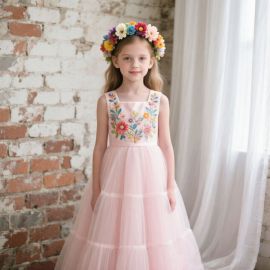 Pink Embroidered Floral Tulle Dress for Girls - Flower Girl Party Wedding Gown