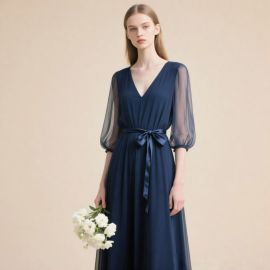 Elegant Navy Blue Maxi Dress: Sheer Sleeves & Waist Tie Design