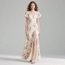 Chic Floral Print Deep V-Neck Ruffled Sleeve High-Slit Maxi Dress