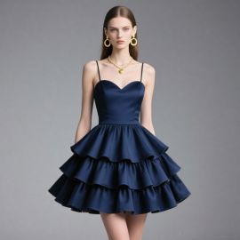 Navy Blue Layered Ruffle Spaghetti Strap Mini Dress - Elegant Party Style
