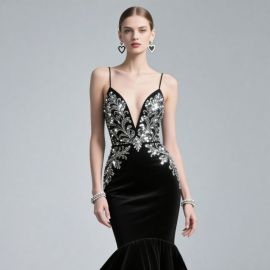 Elegant Black Velvet Mermaid Gown with Deep V-Neck & Sequin Embellishments