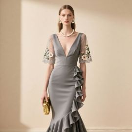 Elegant Grey Evening Gown: Floral Embroidered Lace Sleeves & Ruffled Mermaid Hem Dress