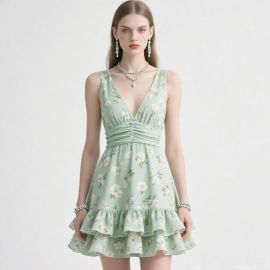 Mint Green Floral Deep V-Neck Ruched Waist Tiered Skirt Summer Dress