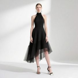 Elegant High - Neck Sleeveless Asymmetric Tulle Midi Dress