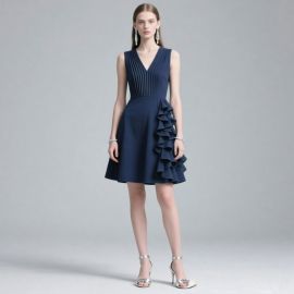 Navy Blue Sleeveless V-Neck Dress: Pleated Bodice & Ruffled Skirt for Elegant Looks