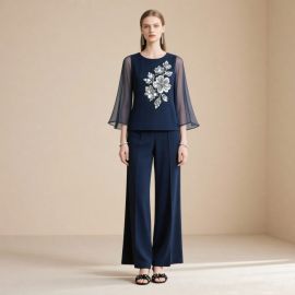 Elegant Navy Blue Embroidered Top & Wide-Leg Pants Set - Chiffon Sleeves Women's Outfit