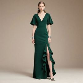 Elegant Emerald Green V-Neck Flounce Sleeve High Slit Evening Dress with Ruffled Hem