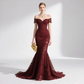 Burgundy Off - Shoulder Lace Mermaid Evening Gown | Elegant Formal Dress