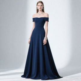 Elegant Off - Shoulder Navy Blue Evening Gown, Floor - Length Formal Dress for Prom/Wedding