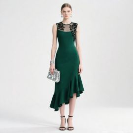 Emerald Green Sleeveless Asymmetrical Hem Midi Dress with Lace & Bead Embellishment