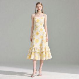 Elegant Yellow Floral Spaghetti Strap Dress with Ruffled Hem - Summer Chic Style
