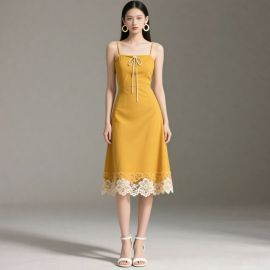 Mustard Yellow Spaghetti Strap Dress with Lace Hem - Elegant Summer Style