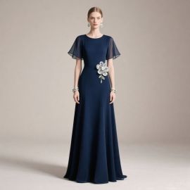 Elegant Navy Blue Long Evening Dress with Sheer Sleeves & Floral Detail