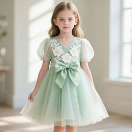 Mint Green Kids Dress with Lace Flowers & Big Bow - Tulle Skirt Princess Style