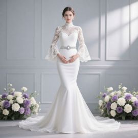 Elegant Lace Long-Sleeve High-Neck Mermaid Wedding Dress with Crystal Belt